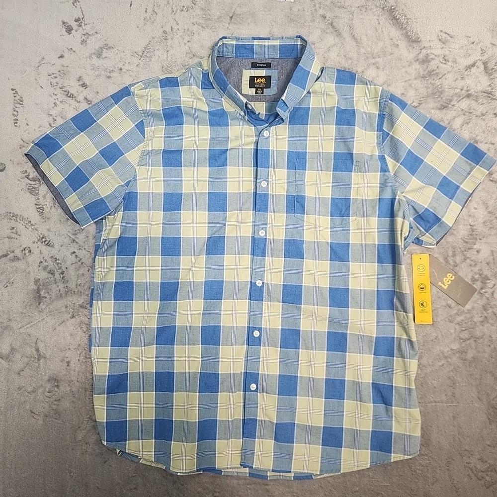 Lee Stretch Plaid Shirt Men's 2XL Blue Short Sleeve Stretch Button‎ Down NWT
